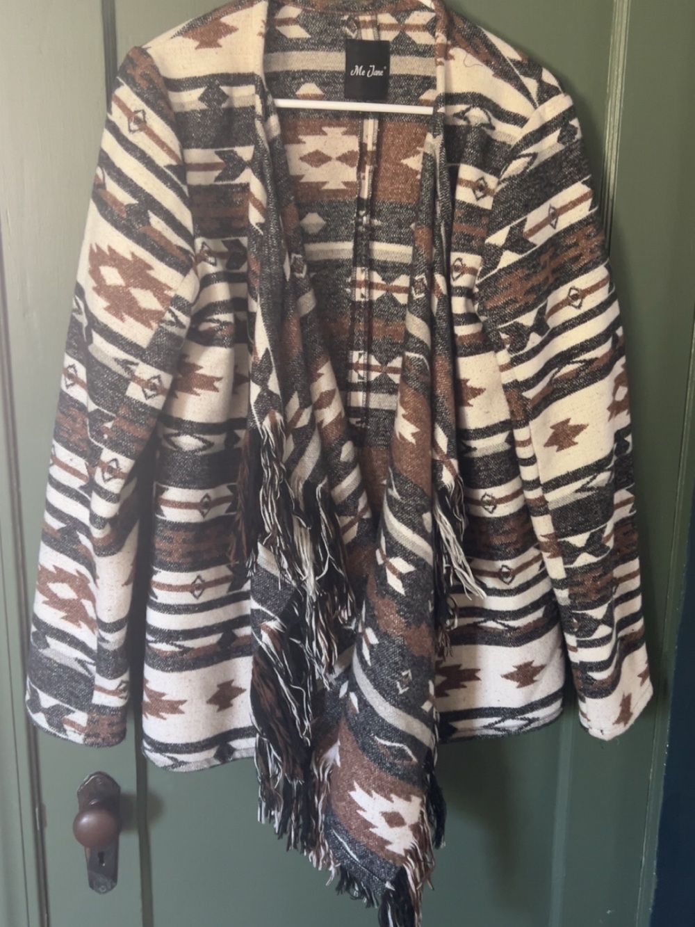 Aztec Open-Front Fringe Jacket - Brown & Cream